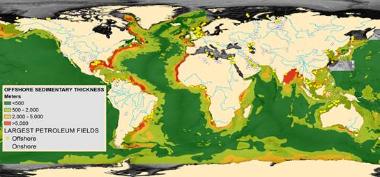Image of the world's sedimentary basins showing the margins along continents having the thickest sediments--and highest potential for CO2 storage.