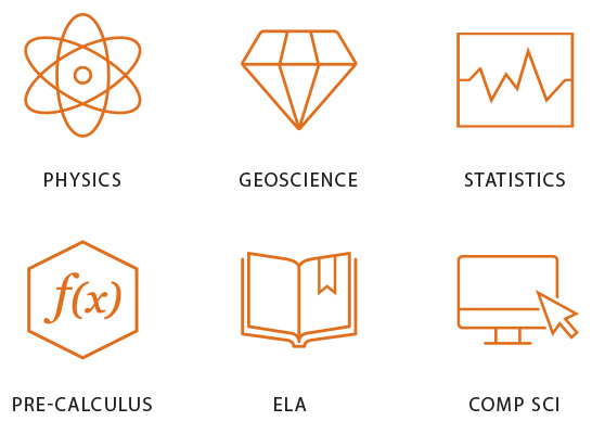 UTexas Onramps program logos: physica, geoscience, statistics, pre-calculus, ela, comp sci