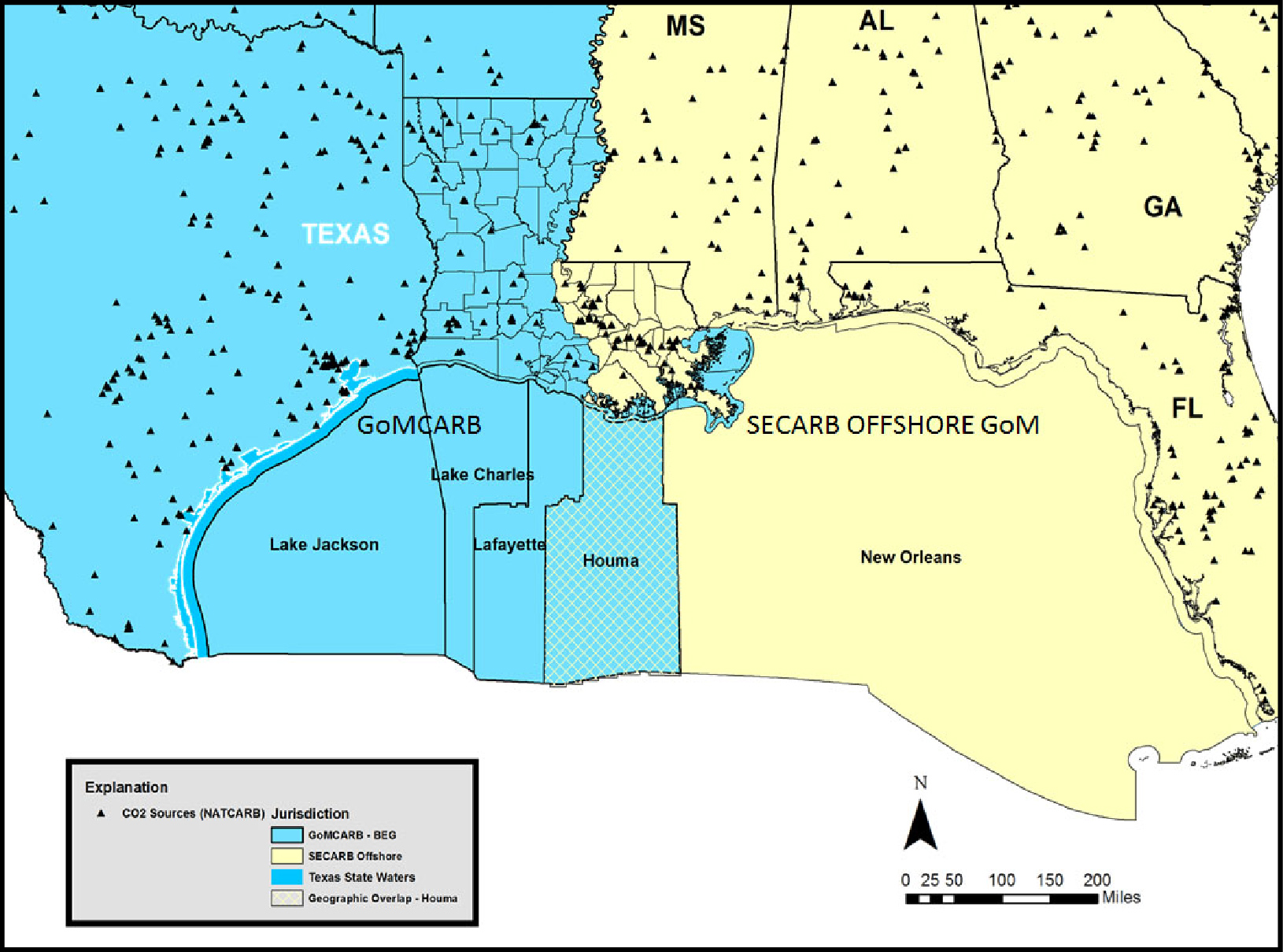 Map of industrial sources of carbon dioxide and offshore areas of potential storage