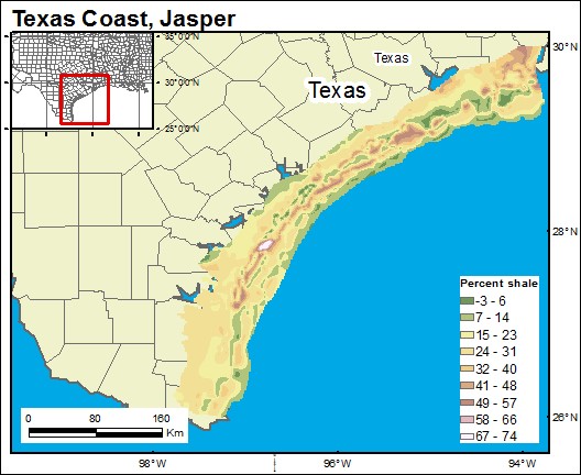 GIS-generated map of the Jasper formation extending across several counties to LA