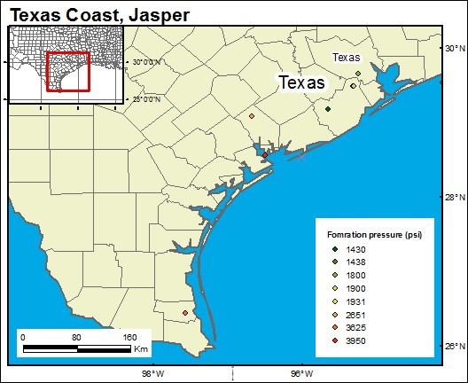 GIS-generated map of the Jasper formation extending across several counties to LA