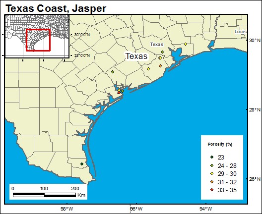GIS-generated map of the Jasper formation extending across several counties to LA