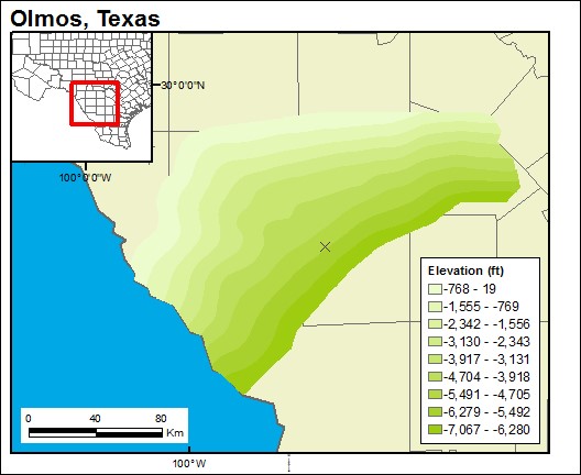GIS-generated map of the Olmos formation depth