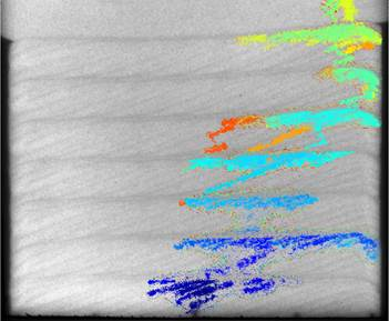 An image of the sandpack shows the pattern of fluid flow from the bottom of the tank to the top, with a zigzag pattern moving up and to the right, resulting in changes between repeating sand layer patterns.