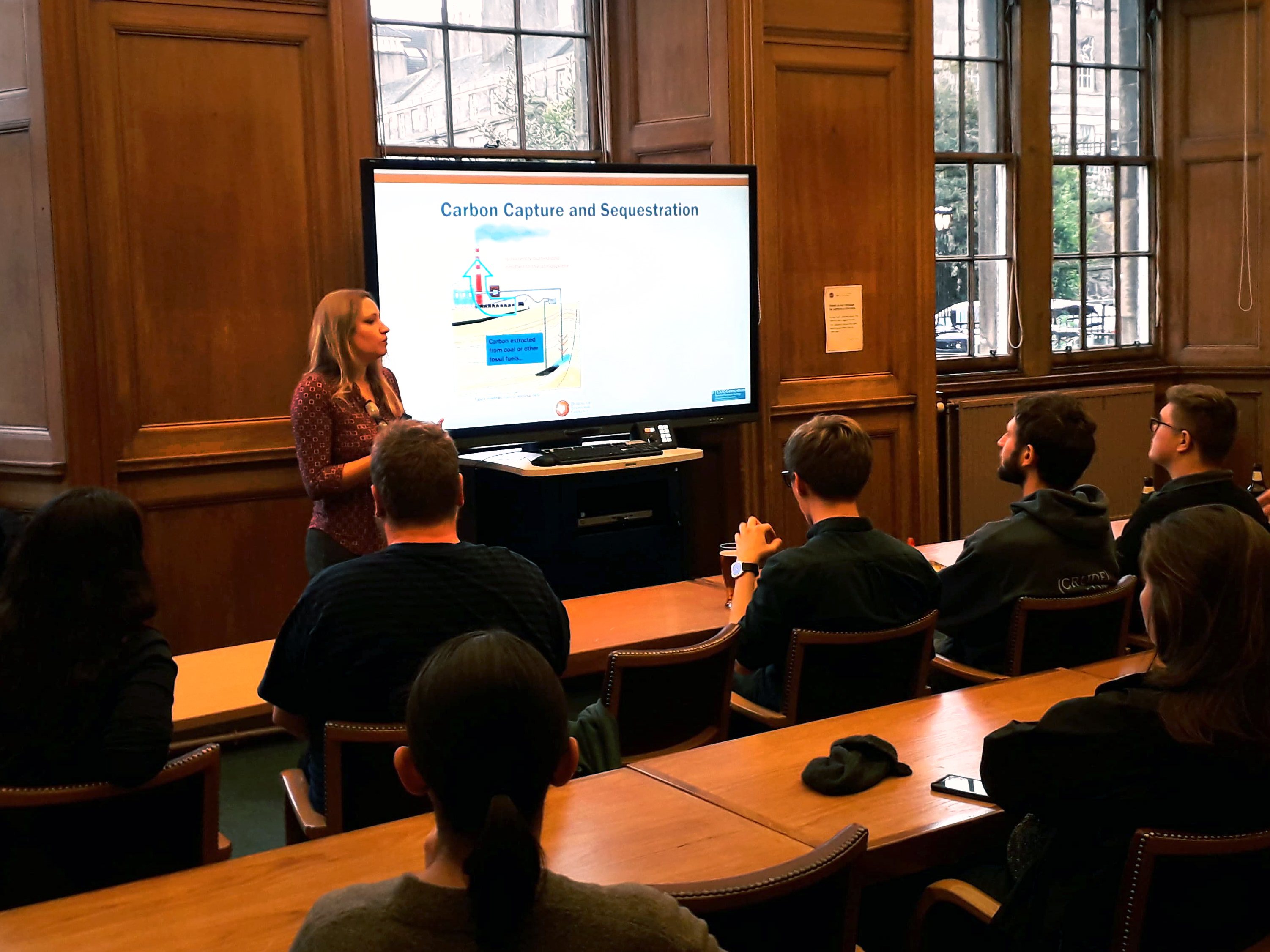 Vanessa talks to the scientist crowd with her slides on enhanced oil recovery and emissions accounting