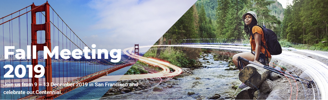 agu flyer with image of woman smiling while sitting on redwood and overlaid image of golden gate bridge