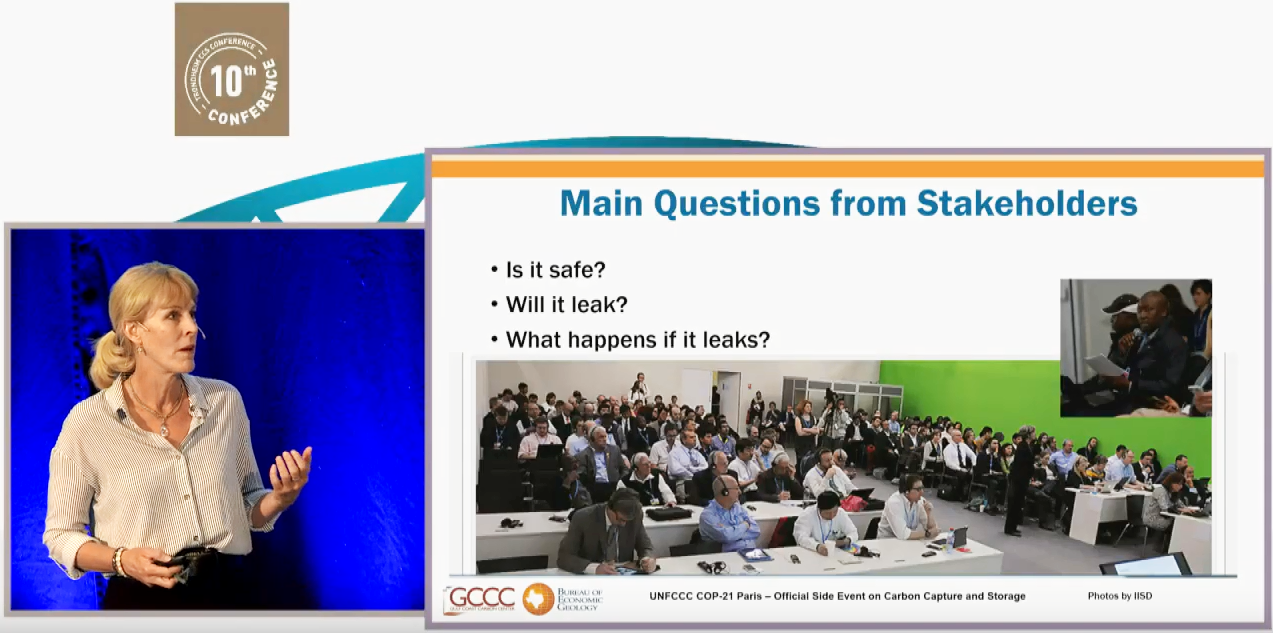 Katherine gives a keynote as she points to her slide that says the main questions from stakeholders are "Is it safe?", "Will it leak?", and "What happens if it leaks?". Watch the video to hear her answers.
