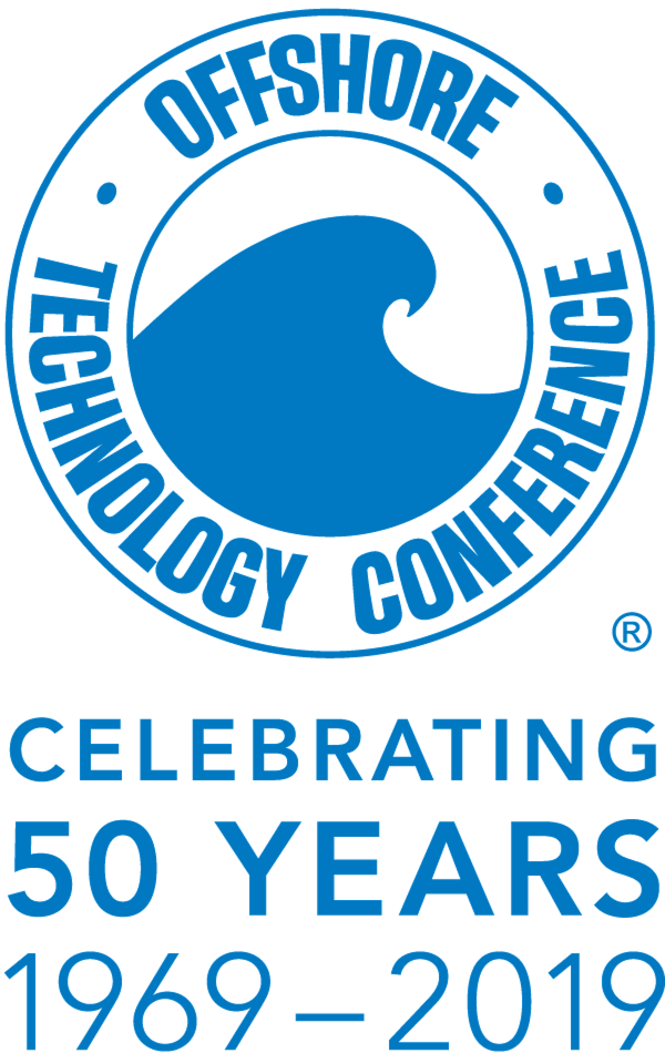 Logo of the 50th anniversary of the OTC, with a blue wave and a circle around it
