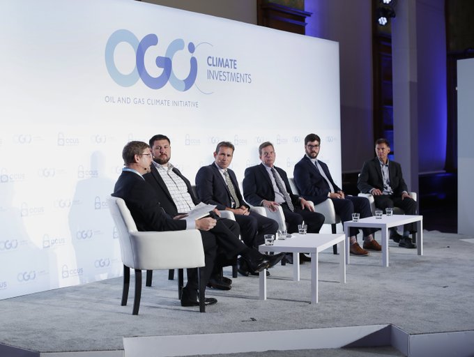 Tip Meckel is on the left, leading a panel of five experts on the OGCI Investments stage