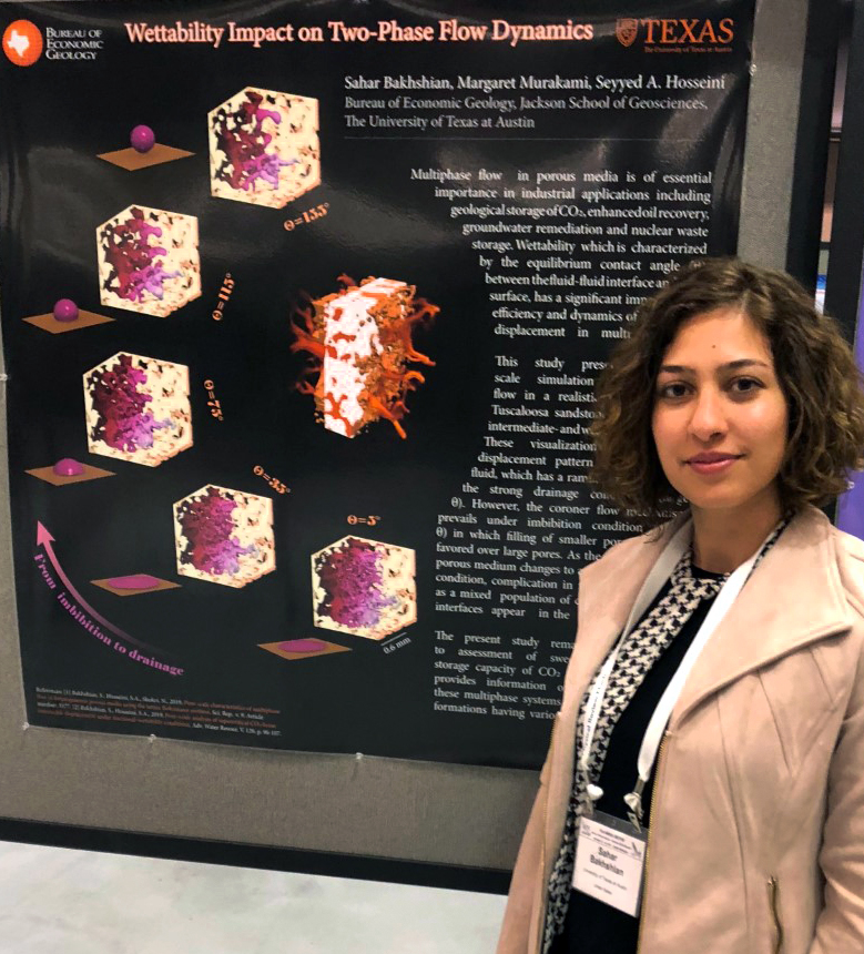 Image of Sahar with her poster, "Wettability Impact on Two-Phase Flow Dynamics" showing that wettability is characterized by the equilibrium contact angle between the fluid-fluid interface. The study's pore-scale simulation display the displacement pattern changes as the imaged sandstone moves from strong to weak wet conditions.