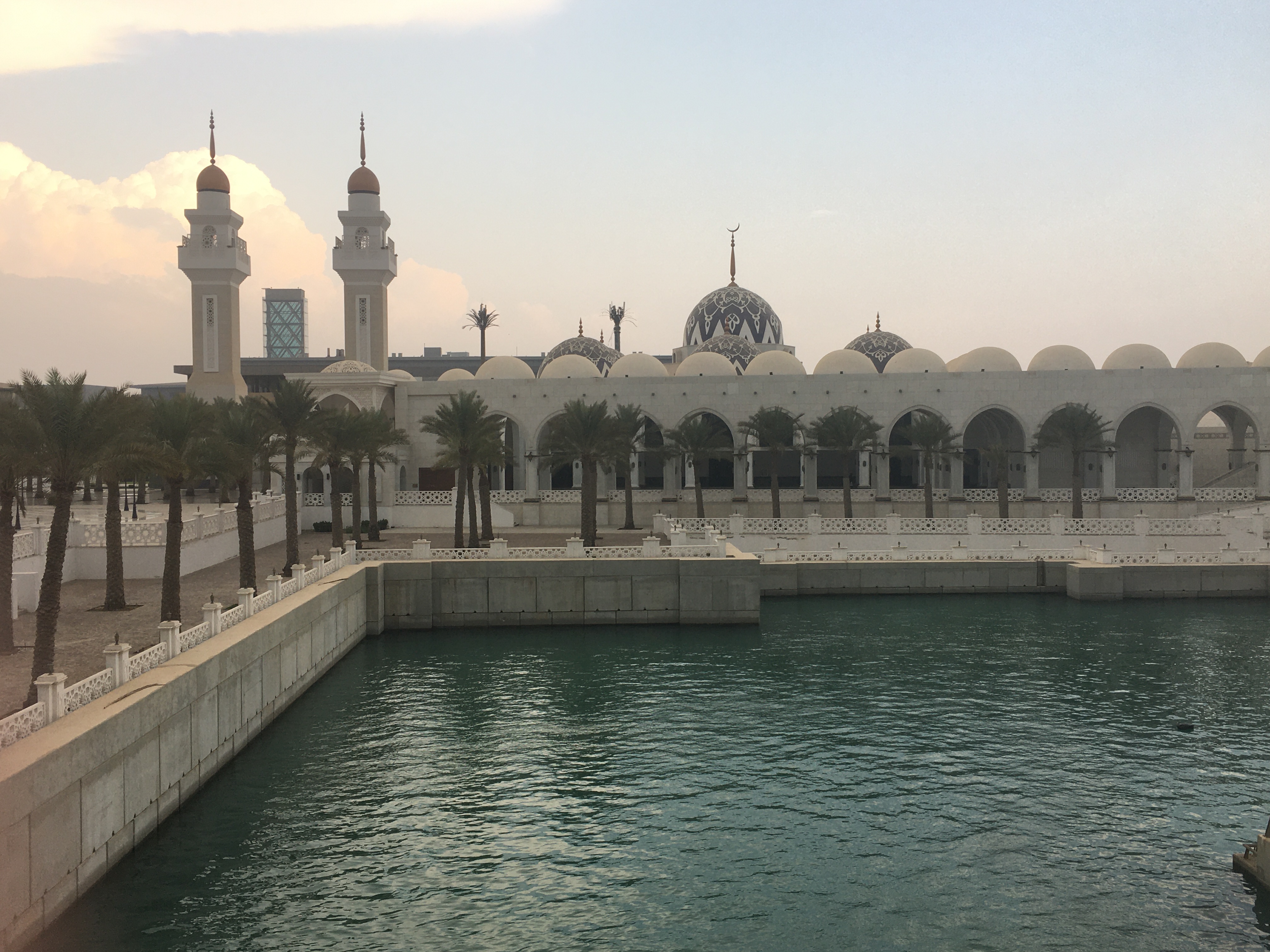 Impressive architecture and palms in front of a reflection pool