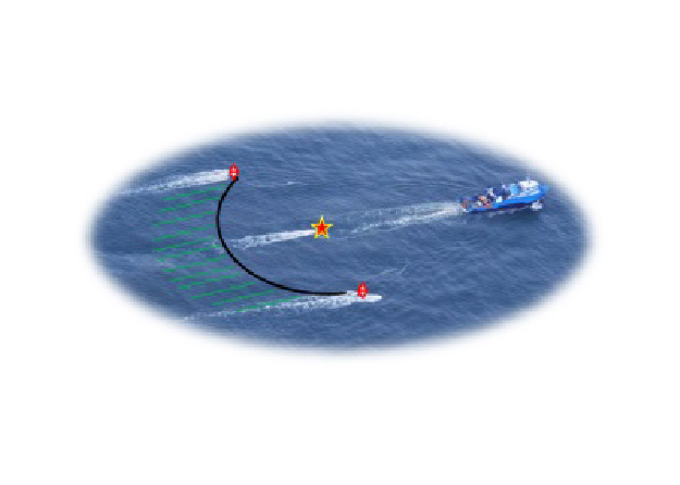 Image of ultra-high-resolution 3D seismic data being deployed and collected by P-cable, streaming behind the boat